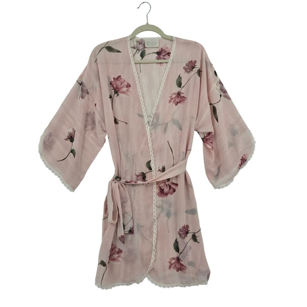 Vintage California Dynasty Pink Floral Lace Trim Short Robe Medium Made in USA